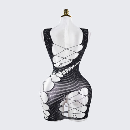 Fishnet Cutout Rhinestone Spaghetti Strap Backless Chemise