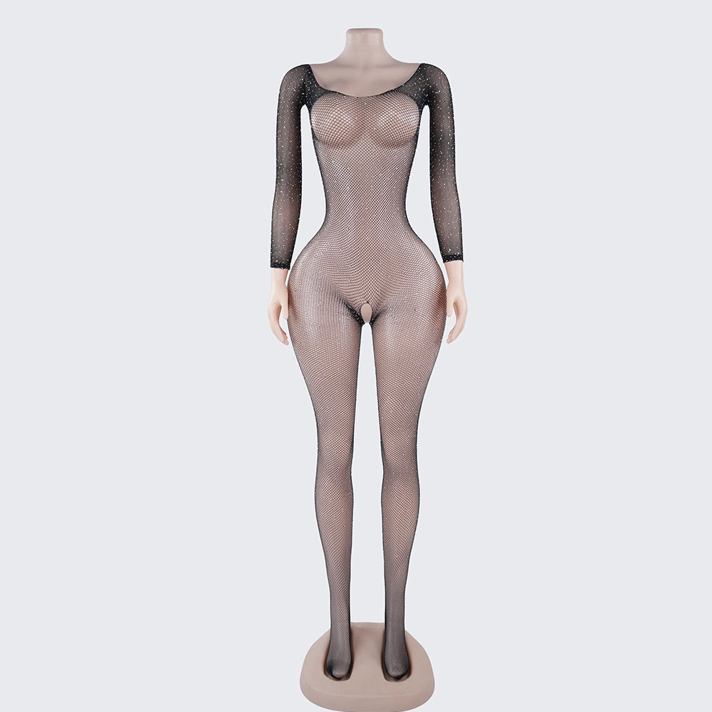 [2+ Items, 300 EGP Each] Rhinestone Crotchless Mesh Bodystocking One-Piece Lingerie