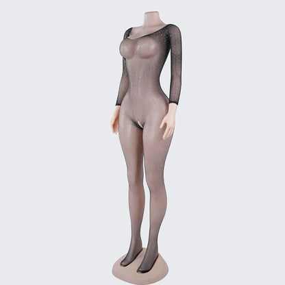 [2+ Items, 300 EGP Each] Rhinestone Crotchless Mesh Bodystocking One-Piece Lingerie