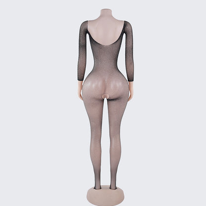 [2+ Items, 300 EGP Each] Rhinestone Crotchless Mesh Bodystocking One-Piece Lingerie