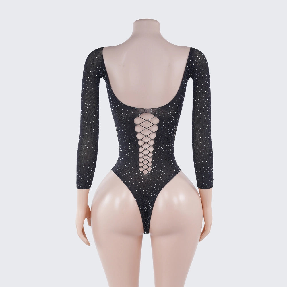 [2+ Items, 300 EGP Each] Rhinestone Long Sleeve Bodysuit Cutout See-Through Lingerie