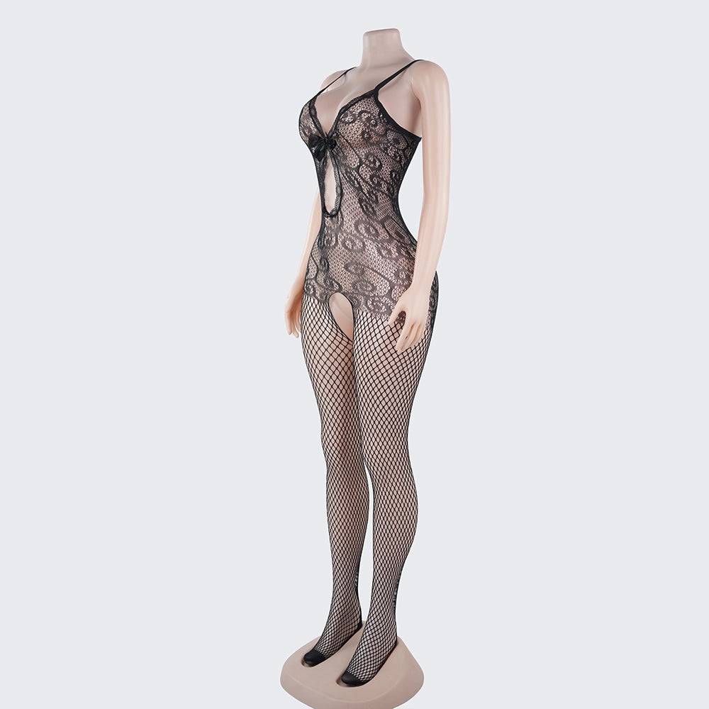 [2+ Items, 300 EGP Each] Sexy Spaghetti Strap Front Cutout Bow Mesh Bodystocking