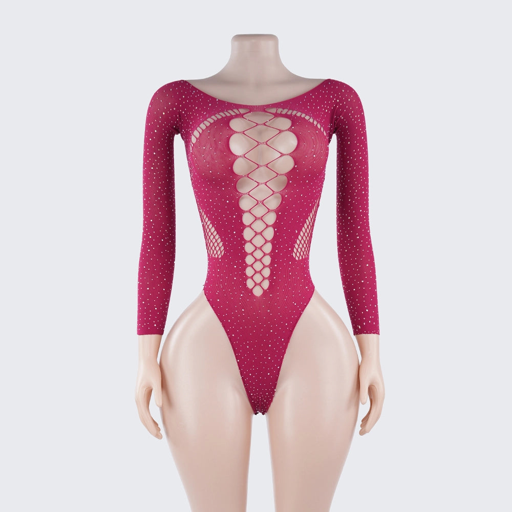 [2+ Items, 300 EGP Each] Rhinestone Long Sleeve Bodysuit Cutout See-Through Lingerie
