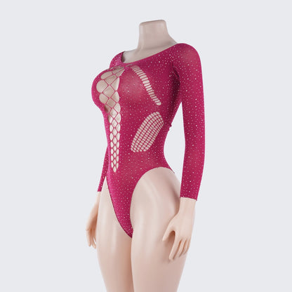 [2+ Items, 300 EGP Each] Rhinestone Long Sleeve Bodysuit Cutout See-Through Lingerie
