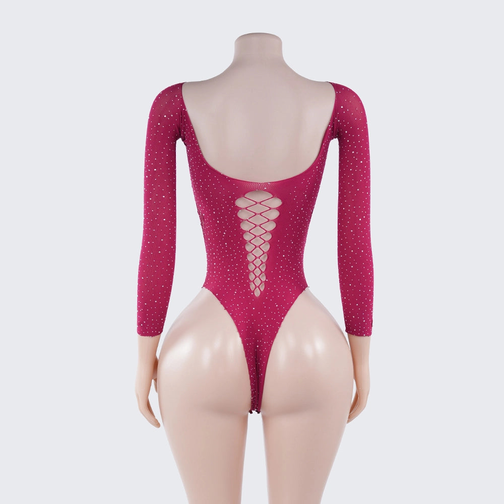 [2+ Items, 300 EGP Each] Rhinestone Long Sleeve Bodysuit Cutout See-Through Lingerie