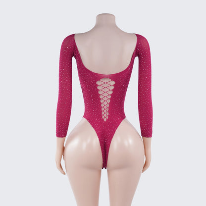 [2+ Items, 300 EGP Each] Rhinestone Long Sleeve Bodysuit Cutout See-Through Lingerie