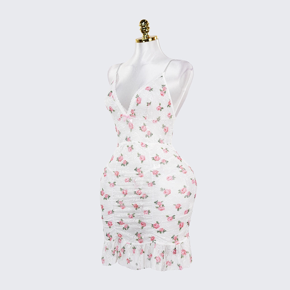 Deep V Rose Print Chemise Spaghetti Strap Slip Dress