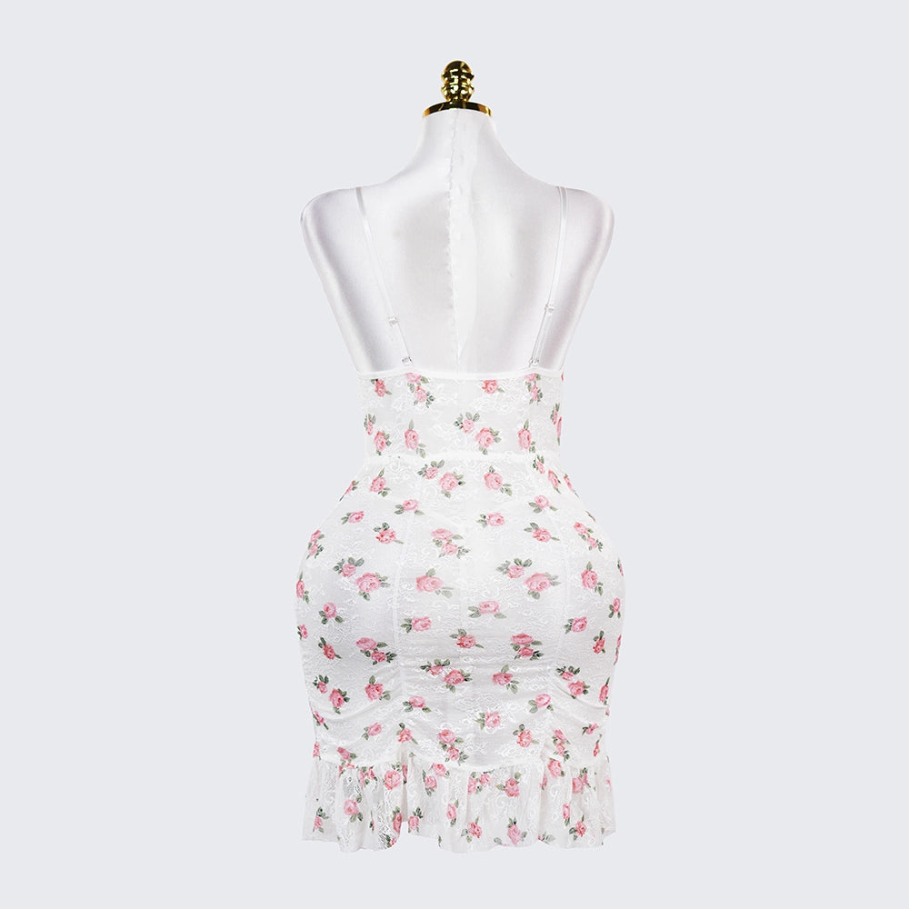 Deep V Rose Print Chemise Spaghetti Strap Slip Dress