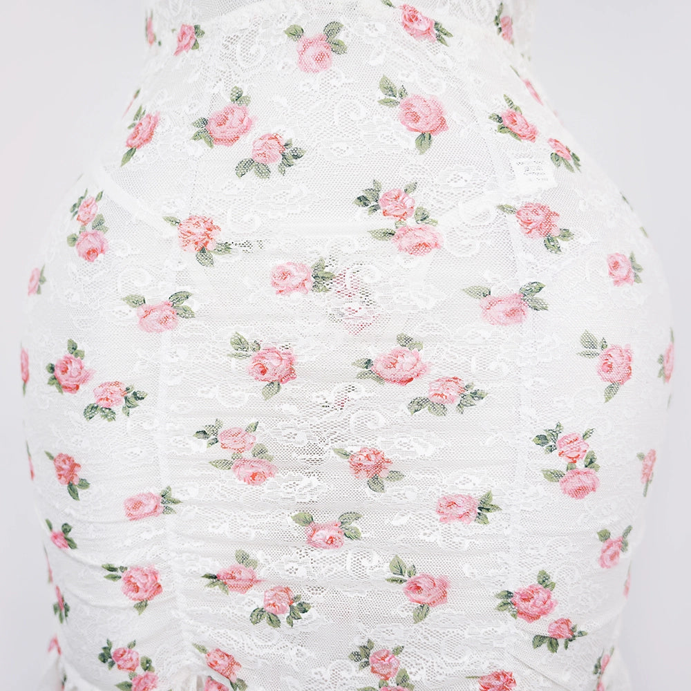 Deep V Rose Print Chemise Spaghetti Strap Slip Dress