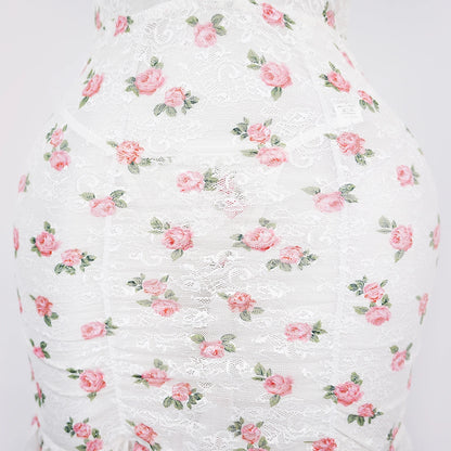 Deep V Rose Print Chemise Spaghetti Strap Slip Dress