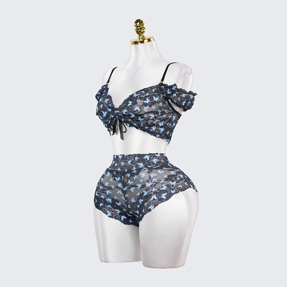 Blue Butterfly Print Sheer Black Mesh Bra Panty Set