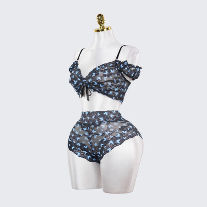 Blue Butterfly Print Sheer Black Mesh Bra Panty Set