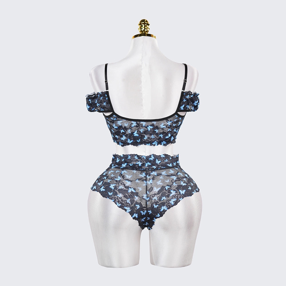 Blue Butterfly Print Sheer Black Mesh Bra Panty Set