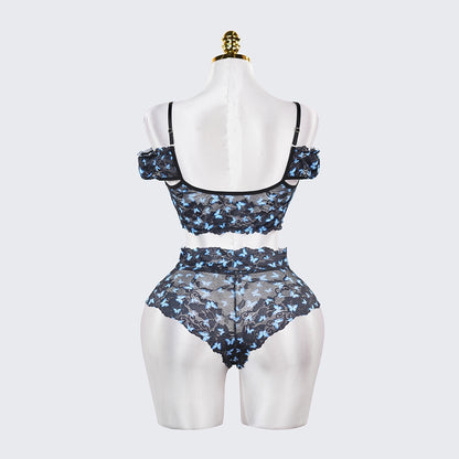 Blue Butterfly Print Sheer Black Mesh Bra Panty Set