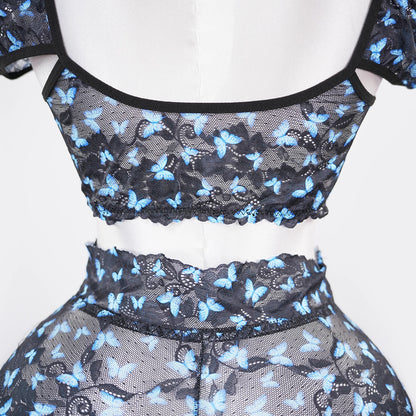 Blue Butterfly Print Sheer Black Mesh Bra Panty Set