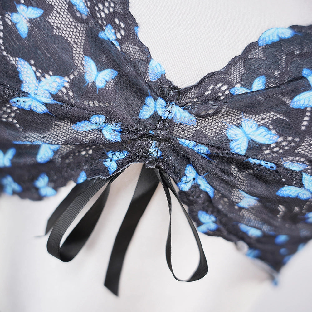 Blue Butterfly Print Sheer Black Mesh Bra Panty Set