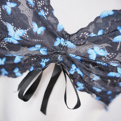 Blue Butterfly Print Sheer Black Mesh Bra Panty Set