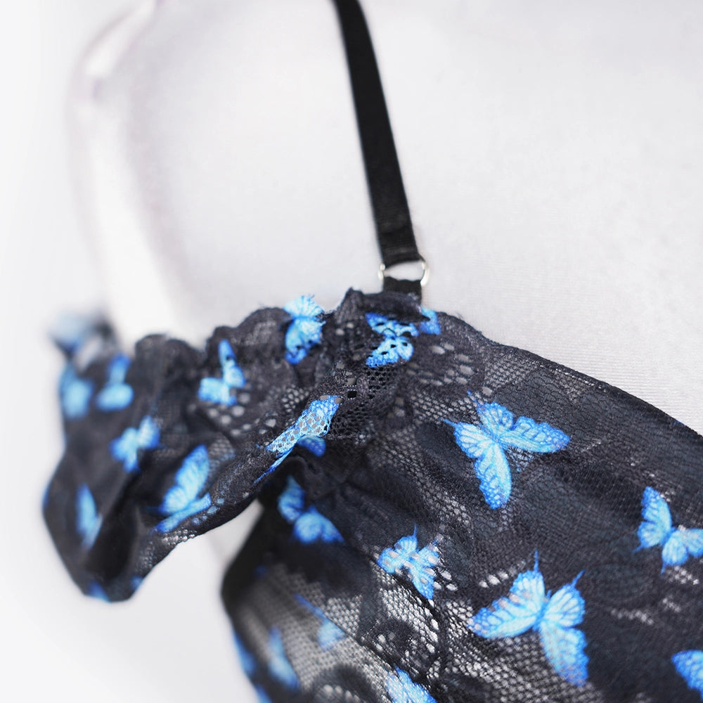 Blue Butterfly Print Sheer Black Mesh Bra Panty Set