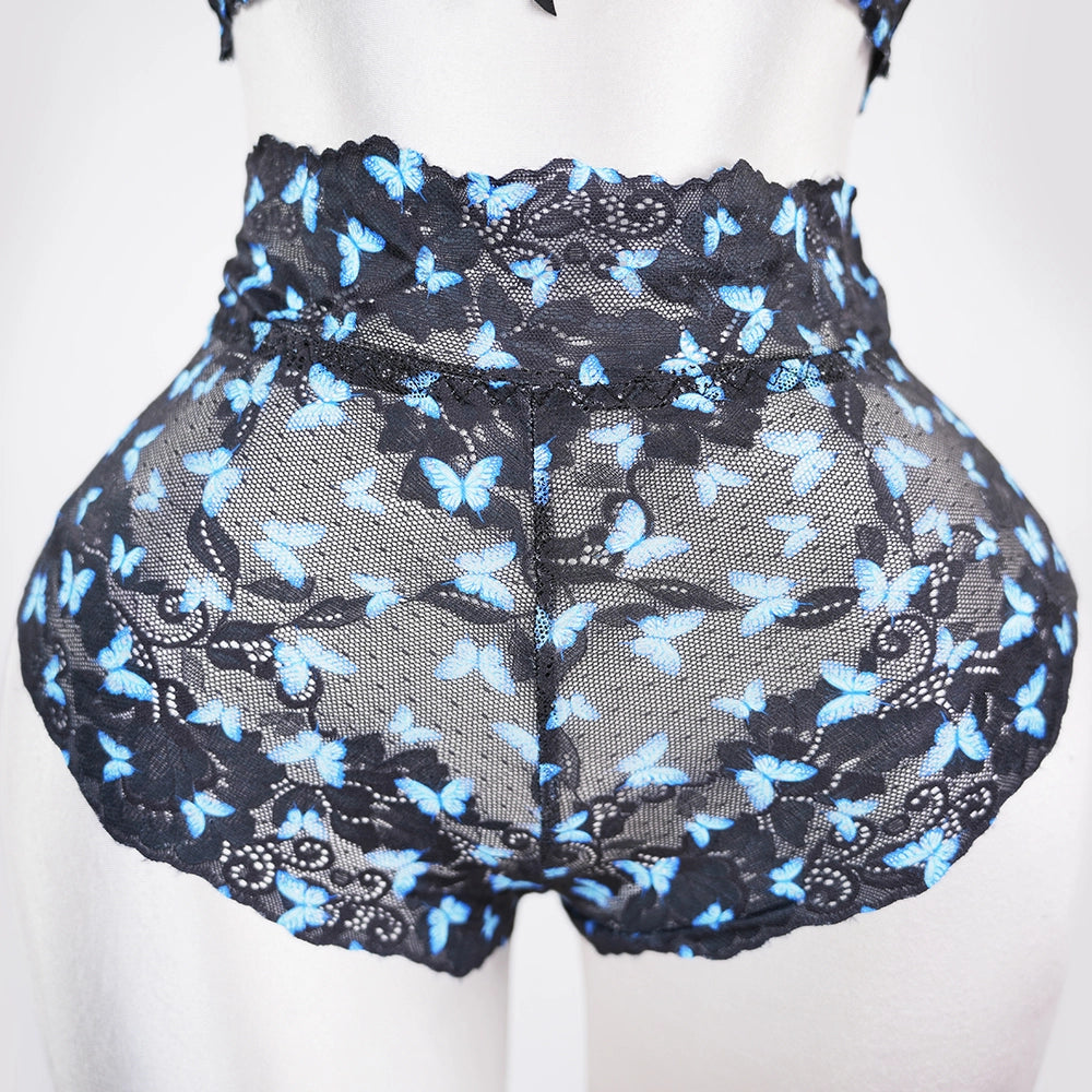 Blue Butterfly Print Sheer Black Mesh Bra Panty Set
