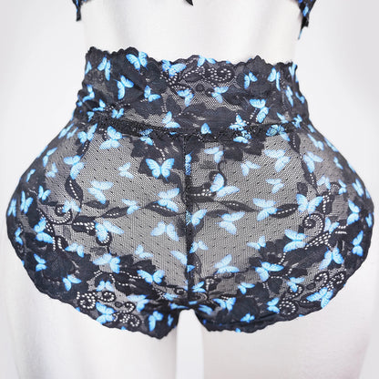 Blue Butterfly Print Sheer Black Mesh Bra Panty Set