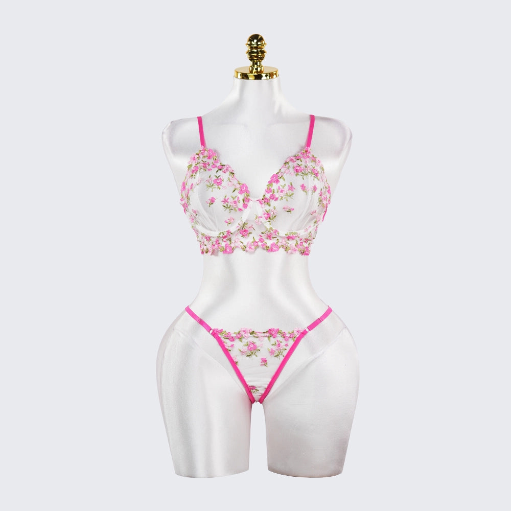 Rose Red Sheer Floral Print Bra and Panty Set