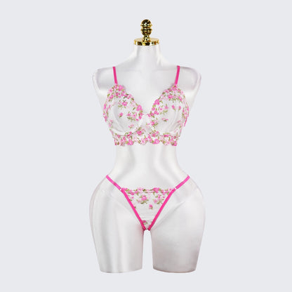 Rose Red Sheer Floral Print Bra and Panty Set