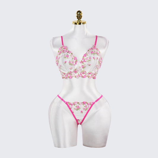 Rose Red Sheer Floral Print Bra and Panty Set