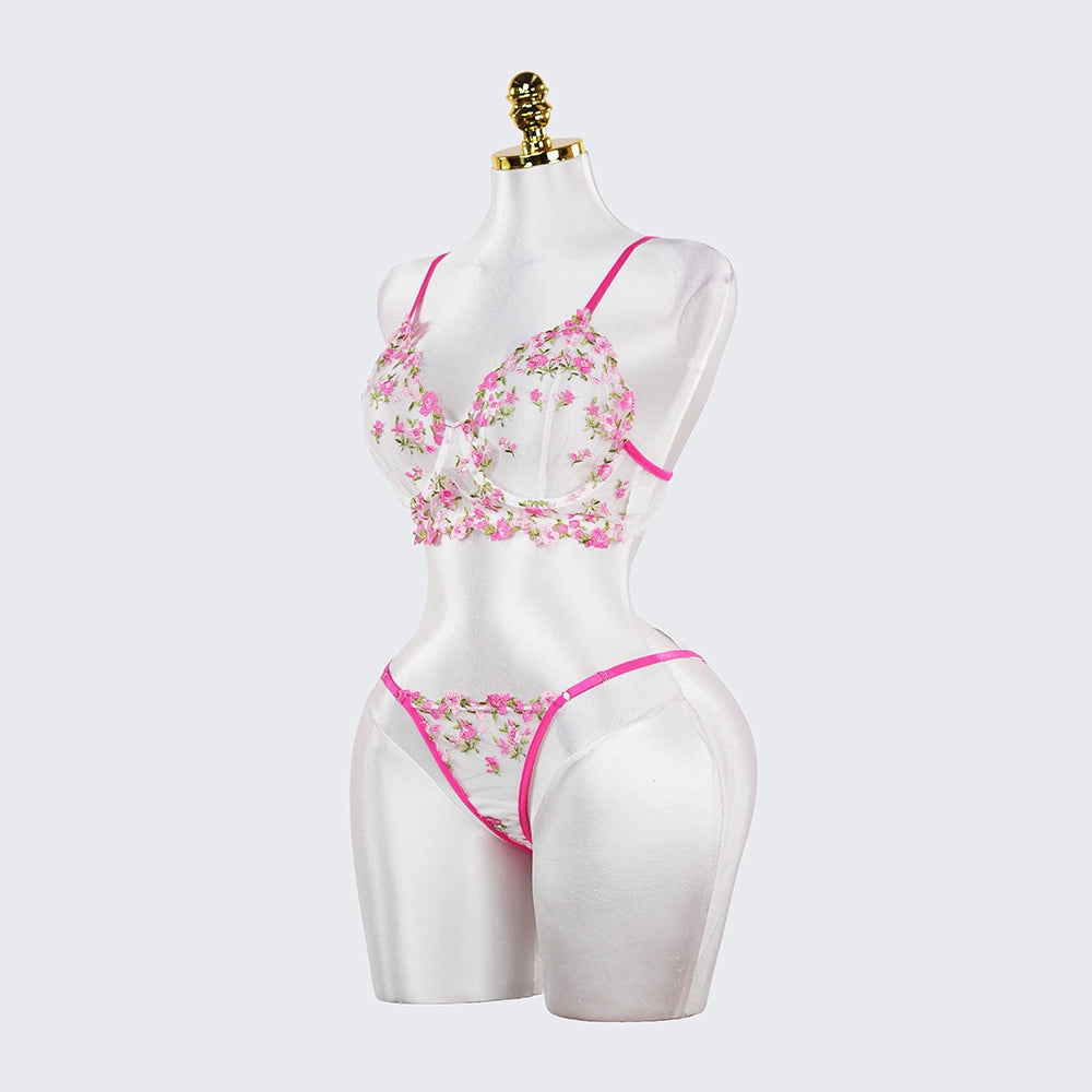 Rose Red Sheer Floral Print Bra and Panty Set