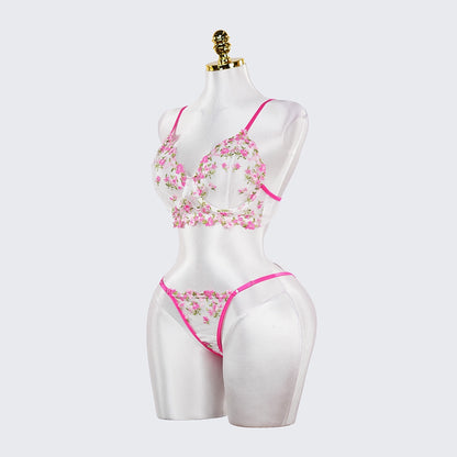 Rose Red Sheer Floral Print Bra and Panty Set