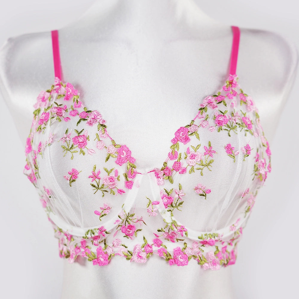Rose Red Sheer Floral Print Bra and Panty Set