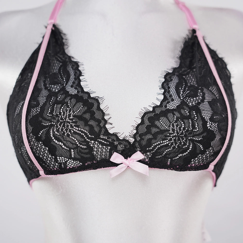 Contrasting Colors Lace Embroidery See-Through Sexy Bra Panties Set