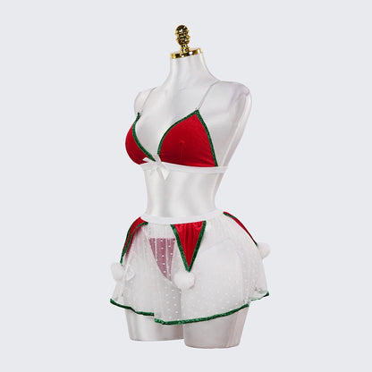 Christmas Velvet See-Through Seduction Bra Panties Miniskirt Set