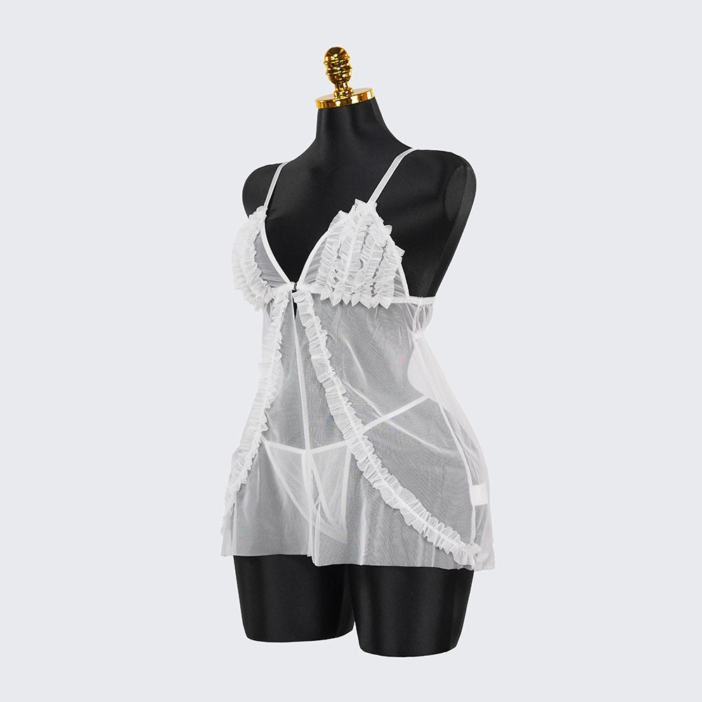 Lace Embroidery Deep V See-Through High Slit Babydoll Thong Set