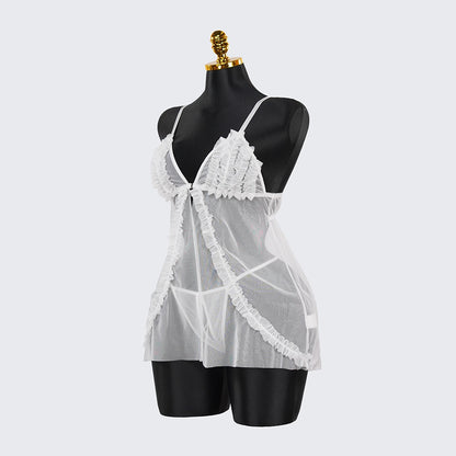 Lace Embroidery Deep V See-Through High Slit Babydoll Thong Set