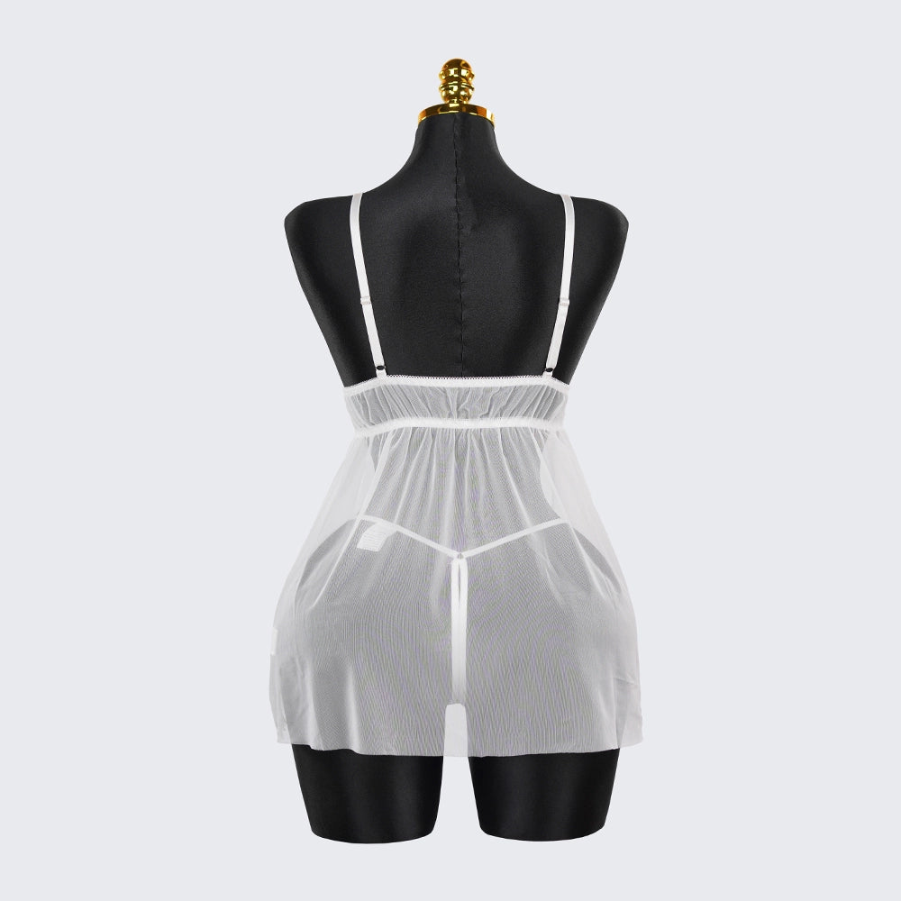 Lace Embroidery Deep V See-Through High Slit Babydoll Thong Set