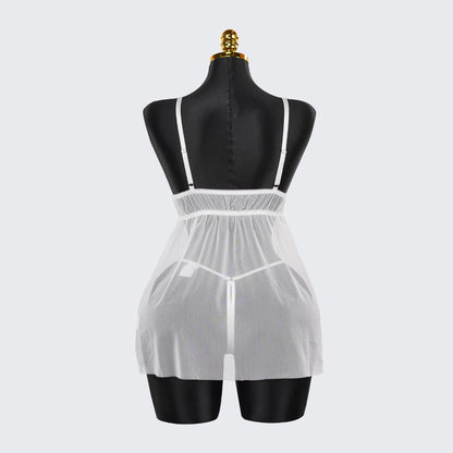 Lace Embroidery Deep V See-Through High Slit Babydoll Thong Set