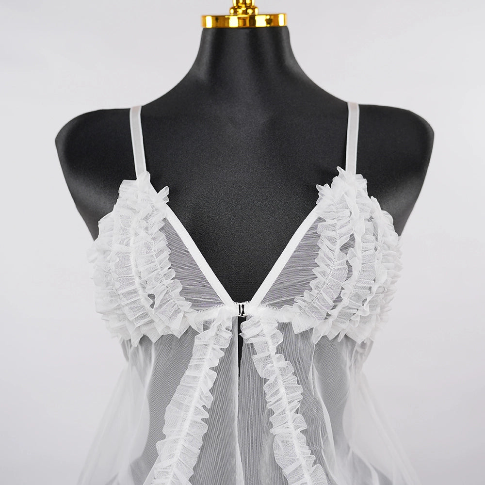 Lace Embroidery Deep V See-Through High Slit Babydoll Thong Set