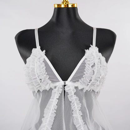 Lace Embroidery Deep V See-Through High Slit Babydoll Thong Set