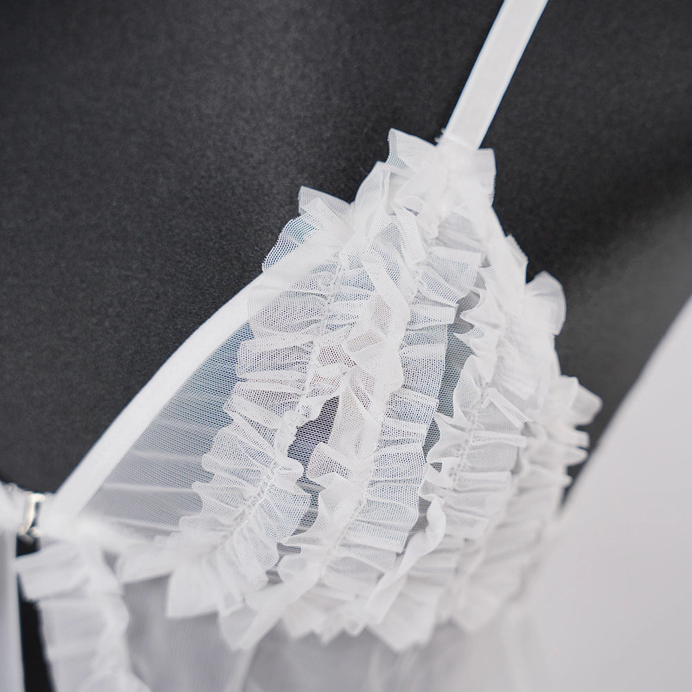 Lace Embroidery Deep V See-Through High Slit Babydoll Thong Set
