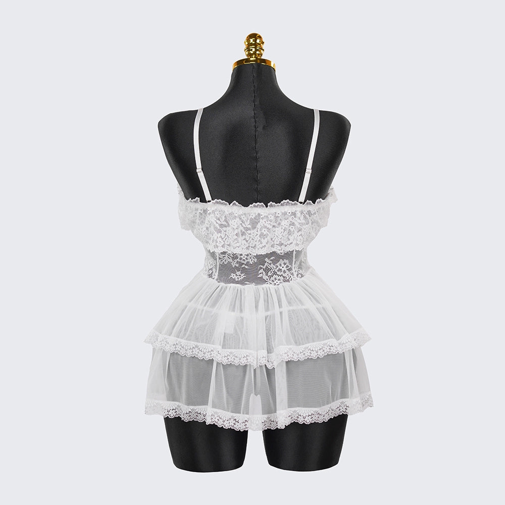 Lace Embroidery Deep V See-Through Babydoll Skirt