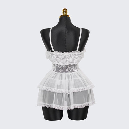 Lace Embroidery Deep V See-Through Babydoll Skirt
