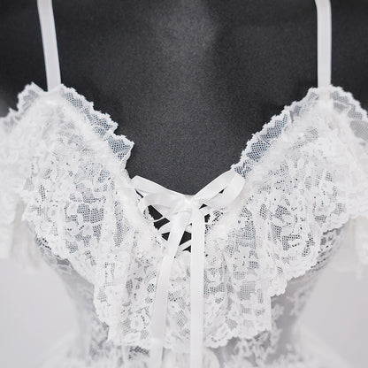 Lace Embroidery Deep V See-Through Babydoll Skirt