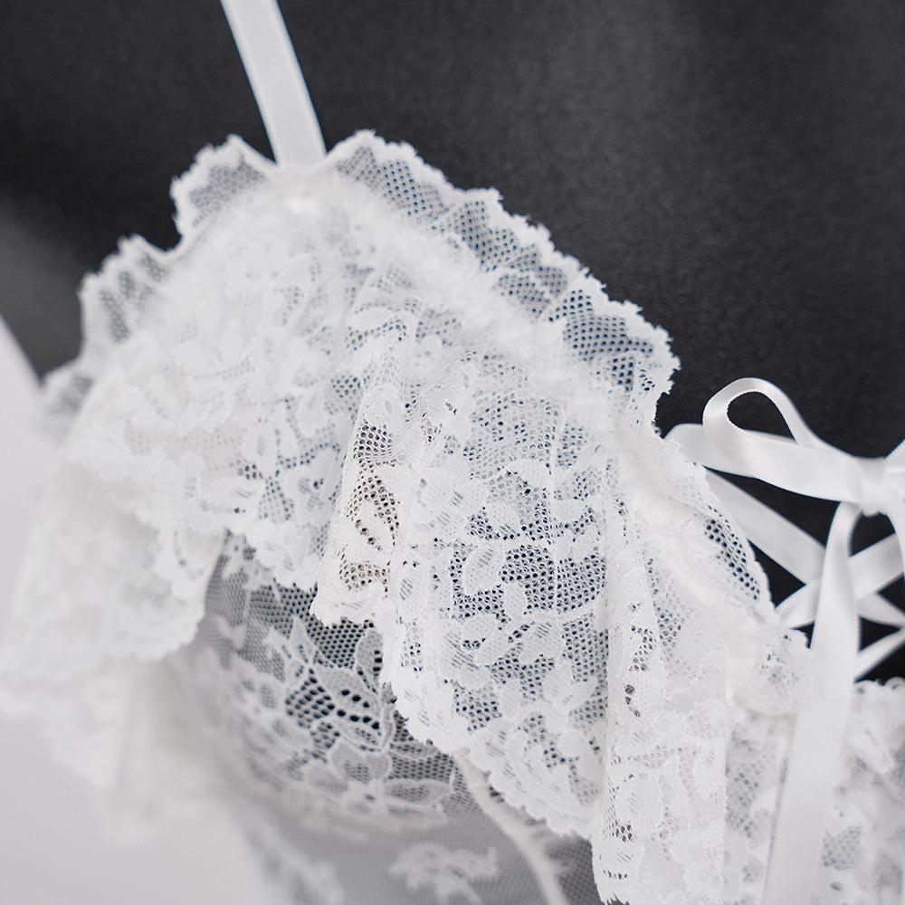 Lace Embroidery Deep V See-Through Babydoll Skirt