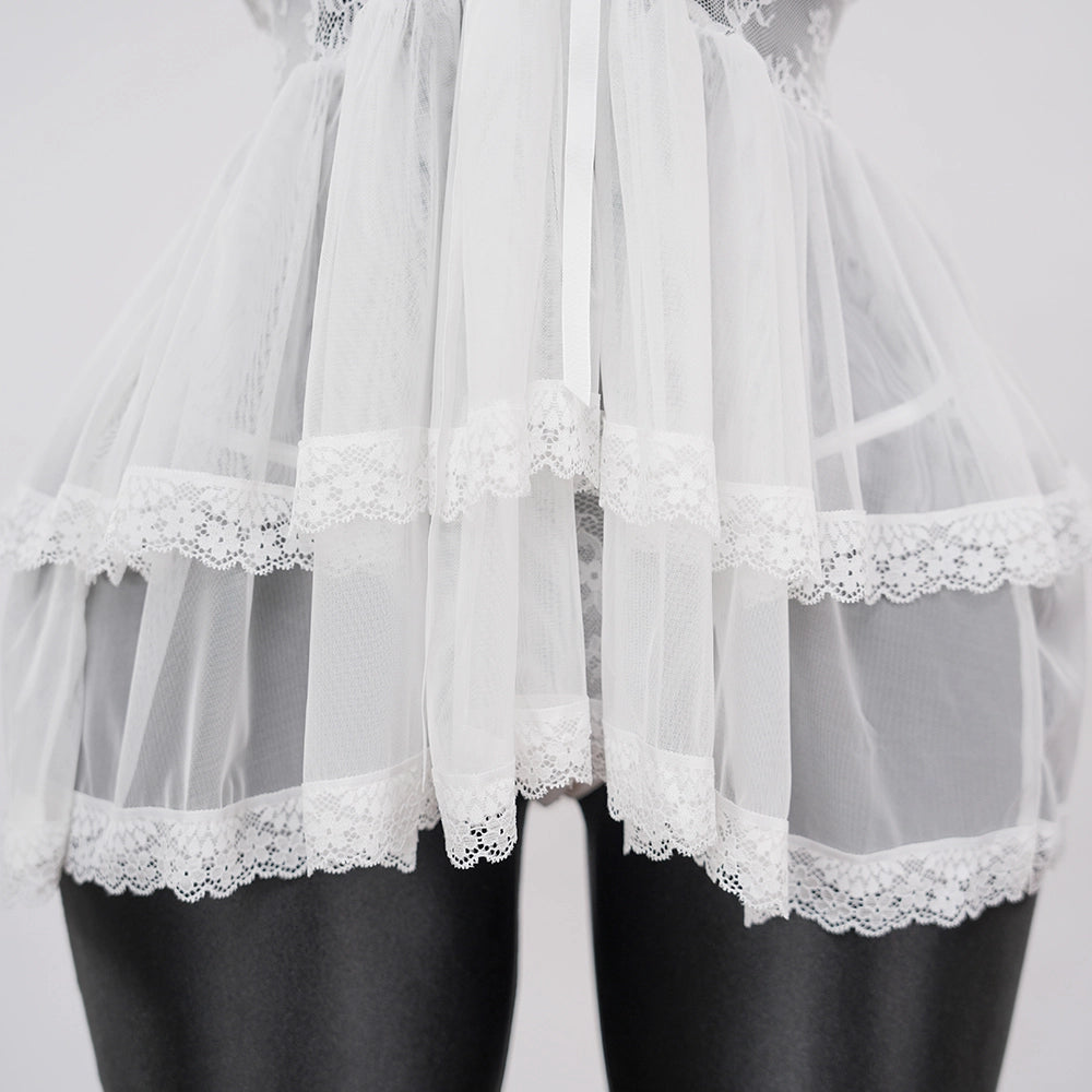 Lace Embroidery Deep V See-Through Babydoll Skirt