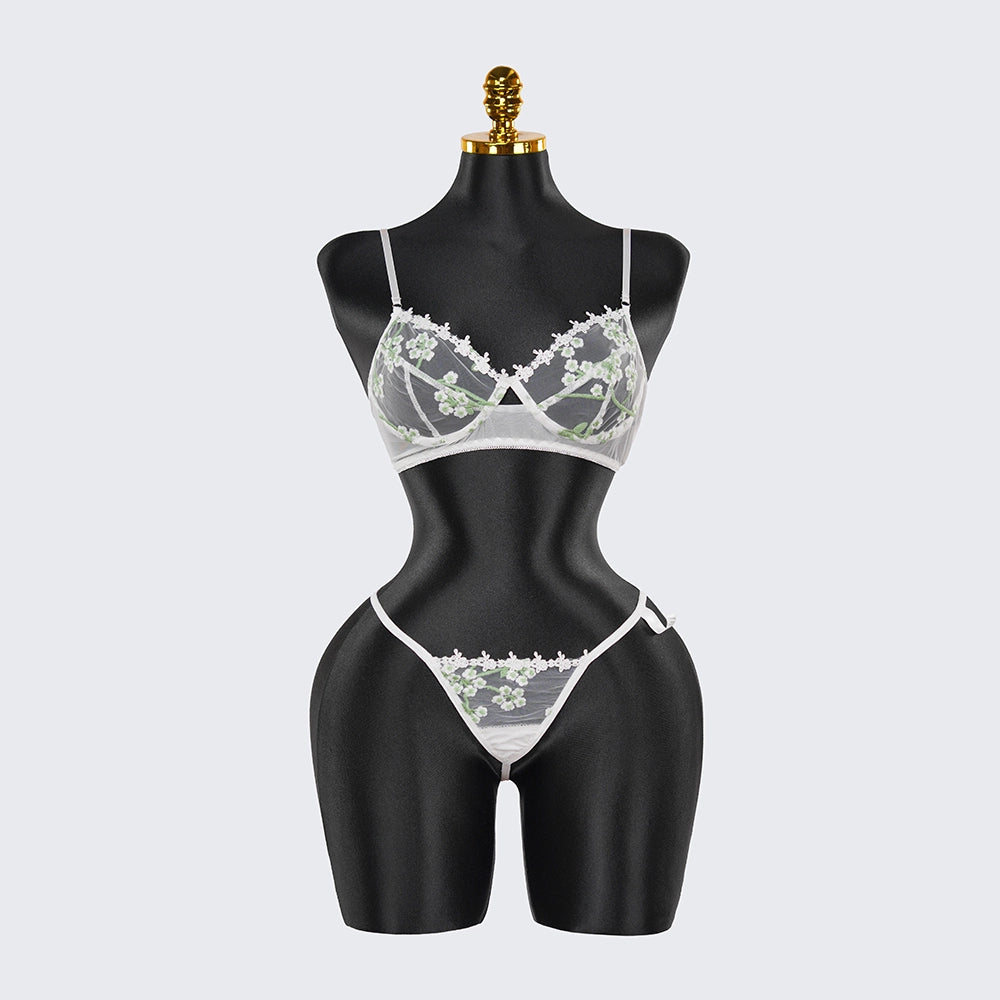 Sexy White Lace Embroidered Lingerie Sheer Bra Panties Set