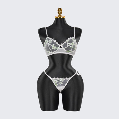 Sexy White Lace Embroidered Lingerie Sheer Bra Panties Set