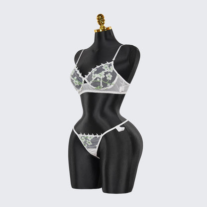 Sexy White Lace Embroidered Lingerie Sheer Bra Panties Set