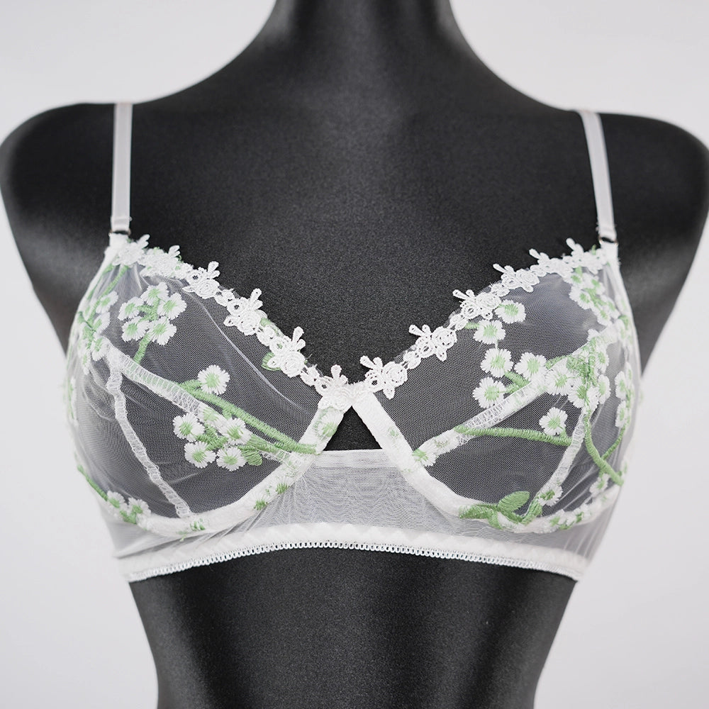 Sexy White Lace Embroidered Lingerie Sheer Bra Panties Set