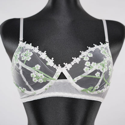 Sexy White Lace Embroidered Lingerie Sheer Bra Panties Set