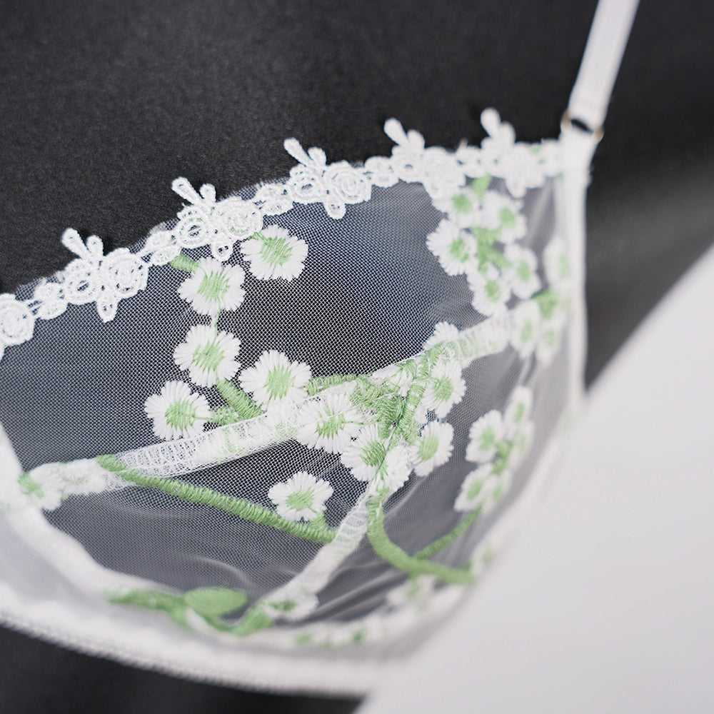 Sexy White Lace Embroidered Lingerie Sheer Bra Panties Set